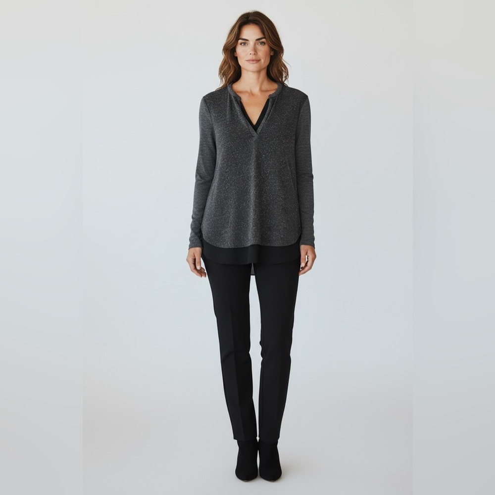 Loft Long Sleeve Marled Mixed Media Blouse Back Top // Gray // Small
